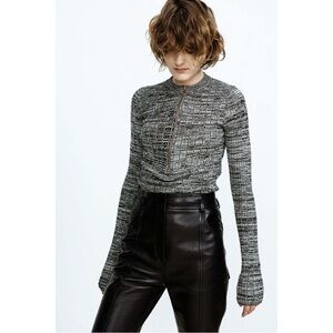 Petar Petrov 100% Silk Nelia Sweater Mottled Black Ivory Slim Fit Zipper Top XS